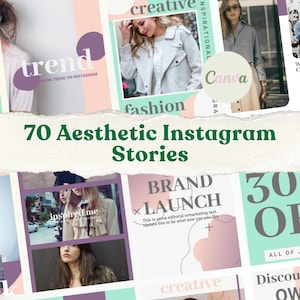 Può includere: Una collezione digitale di 70 modelli estetici per storie Instagram con vari layout, blocchi di colori pastello, segnaposto per fotografie e tipografia con testo come trend, fashion, creative e brand launch.