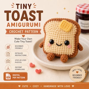 Virkmönster för amigurumi i liten toast i PDF-format, söt kawaii-handledning för plysch i toast, nybörjarvänligt virkmönster för mat, amigurumi i Toastie-leksak