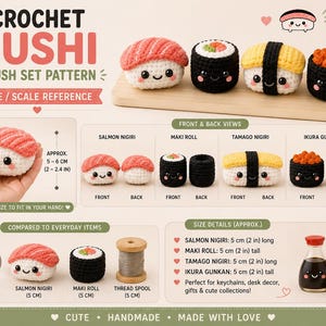 Puede incluir: Un patrón de ganchillo para peluches de sushi que incluye nigiri de salmón, rollo maki, nigiri de tamago y gunkan de ikura. El gráfico muestra vistas frontales y traseras, referencias de tamaño con una moneda de 2,4 cm y un carrete de 5 cm.