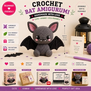 Peut inclure: Une chauve-souris amigurumi en crochet gris avec des oreilles intérieures roses, des yeux noirs et des crocs blancs. La chauve-souris mesure 14 cm de haut. L'image contient du texte comme CROCHET BAT AMIGURUMI et des icônes de caractéristiques.