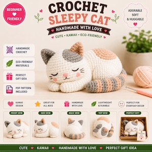 Può includere: Un gatto addormentato all'uncinetto fatto a mano con filato bianco, grigio e color pesca. Il gatto ha gli occhi chiusi, un naso rosa e una coda a righe. L'immagine include testo come CROCHET SLEEPY CAT, HANDMADE WITH LOVE e CUTE KAWAII.