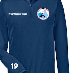 May include: Navy blue long-sleeve pullover shirt with a quarter-zip collar. The shirt features a circular emblem with a mountain and family graphic, and the text "(Your Chapter Here)". Numbers 19 and 38 are printed on the sleeves.