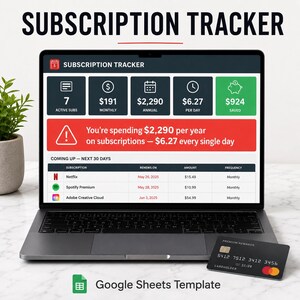May include: A laptop screen displaying a Subscription Tracker Google Sheets template. The dashboard shows financial data including active subscriptions, monthly and annual costs, daily spending, and savings. A black credit card sits on the surface.