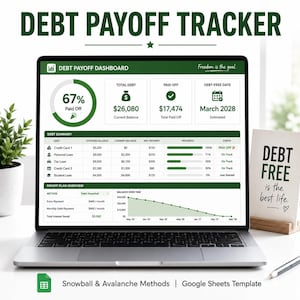 May include: A laptop screen displaying a Debt Payoff Dashboard with green and white charts, tables, and financial data. The screen shows a 67% paid off progress, debt summary, and a payoff plan overview. A sign nearby reads Debt Free is the best life.