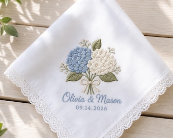 Personalized Hydrangea Wedding Handkerchief, Custom Names and Date Lace Hanky, Blue Floral Bridal Keepsake Gift for Bride and Mom