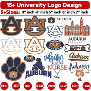 Peut inclure: Une collection de plus de 15 motifs de broderie de l'Université d'Auburn en 5 tailles ou plus, allant de 3 à 7 pouces. Les graphiques incluent le logo AU en diverses couleurs, une mascotte tigre, une empreinte de patte et du texte.