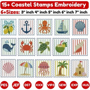 May include: A digital embroidery design set titled 15+ Coastal Stamps Embroidery with 6+ sizes from 3 to 7 inches. It features fifteen square stamp-style icons with nautical themes like anchors, sea creatures, shells, and beach items.