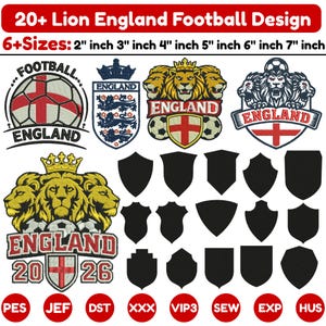 May include: A collection of digital embroidery designs featuring England football themes, including lions, crowns, footballs, and shields. The text reads 20+ Lion England Football Design, 6+Sizes: 2 inch 3 inch 4 inch 5 inch 6 inch 7 inch, England, and 2026.