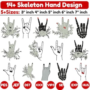 Może przedstawiać: Kolekcja ponad 14 wzorów dłoni szkieletu i ludzkich dłoni w różnych stylach, z kwiatowymi akcentami i gestami rockowymi. Tekst głosi 14+ Skeleton Hand Design oraz 5+Sizes: 3 inch 4 inch 5 inch 6 inch 7 inch, wraz z formatami plików.
