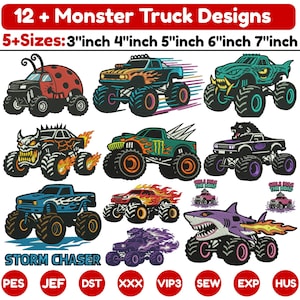 May include: A digital collection of 12 monster truck embroidery designs in 5 sizes from 3 to 7 inches. The graphics feature various trucks including a ladybug, shark, and flame-themed vehicles. Text includes 12 + Monster Truck Designs, 5+Sizes, and Storm Chaser. File formats include PES, JEF, DST, XXX, VIP3, SEW, EXP, and HUS.