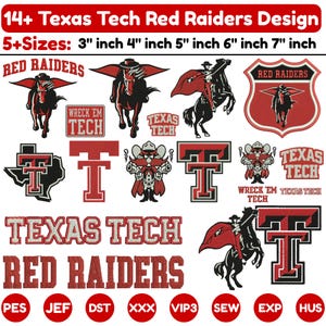 May include: A collection of Texas Tech Red Raiders embroidery designs featuring the masked rider on horseback, the Double T logo, and text including Wreck 'Em Tech. The image displays 14+ designs in 3, 4, 5, 6, and 7 inch sizes with file formats PES, JEF, DST, XXX, VIP3, SEW, EXP, and HUS.