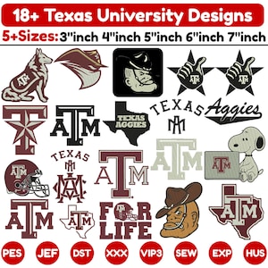 May include: A collection of 18+ Texas University embroidery designs in 3, 4, 5, 6, and 7 inch sizes. The graphics include the ATM logo, a dog, a football helmet, a cowboy, Snoopy, and the state of Texas. File formats include PES, JEF, DST, XXX, VIP3, SEW, EXP, and HUS.
