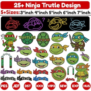 Op de afbeelding: Een digitale collectie van 25+ Ninja Turtle borduurontwerpen met diverse karakterhoofden, schilden en wapens. De tekst luidt 25+ Ninja Trutle Design en 5+Sizes: 3 inch 4 inch 5 inch 6 inch 7 inch. Inclusief bestandsformaten PES, JEF, DST, XXX, VIP3, SEW, EXP, HUS.