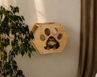 Hexagon Wooden Cat Wall House with Paw Cutout, Floating Pet Shelter Bed, Indoor Climbing Lounge Furniture for Modern Cats, Animal Home Decor