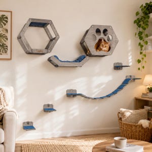 Juego de estantes de pared de madera personalizados con diseño de panal de abeja para gatos, escalera de escalada personalizada y cama.