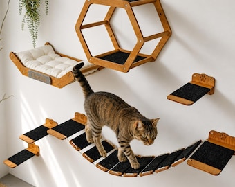 Conjunto de muebles para gatos montados en la pared, estantes flotantes de madera con puente y escalones, zona de juegos y pasarela para interiores, cama de pared y casita para gatos.