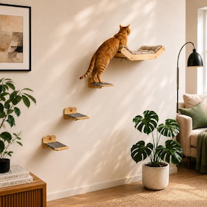 May include: A wall-mounted cat furniture set consisting of three small rectangular wooden platforms with dark gray textured surfaces and one larger curved wooden hammock bed with a beige cushion, featuring paw print cutouts on the brackets.