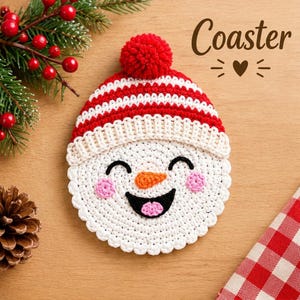 Häkelanleitung für weihnachtliche Schneemann-Untersetzer (PDF), Festliche Tischdeko-Set, Set mit weihnachtlichen Tassenuntersetzern, Weihnachtsdeko, Englische Anleitung, Sofort-Download