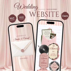Può includere: Due smartphone mostrano un modello di sito web per matrimoni digitale con un tema rosa. Lo schermo sinistro mostra una busta con un sigillo di ceralacca e il testo "Amelia & Edward" e "Tap to unseal". Lo schermo destro mostra i dettagli dell'evento, un disco in vinile e accenti floreali.