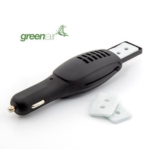 May include: Black car air freshener with a greenair logo and two white filter pads.