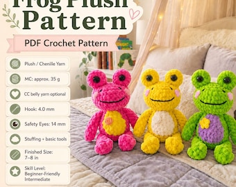 Crochet Frog Pattern PDF| Amigurumi Plush Toy Beginner Friendly | Chenille Yarn | Stuffed Animal | Instant Download | Easy Crochet Pattern