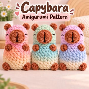 May include: Three crocheted capybara plushies with brown snouts and ears. The left one is pink and orange, the middle is mint green and cream, and the right is purple and blue. Text above reads: Capybara Amigurumi Pattern with a small heart icon.