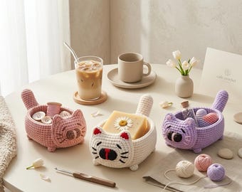 Crochet Cat Desk Organizer Pattern PDF, Amigurumi Cat Storage Basket, Pen Holder , Beginner Tutorial , Home decor Gift , Digital Download