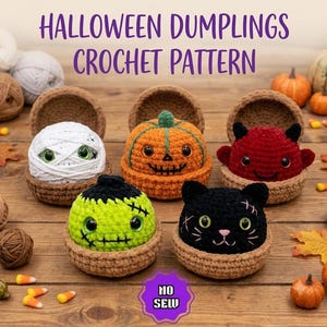 Halloween Dumpling & Steamer Crochet Pattern, 5-in-1 Pumpkin Cat Mummy Devil Amigurumi PDF, Viral Spooky Plushie Tutorial,Beginner Crochet