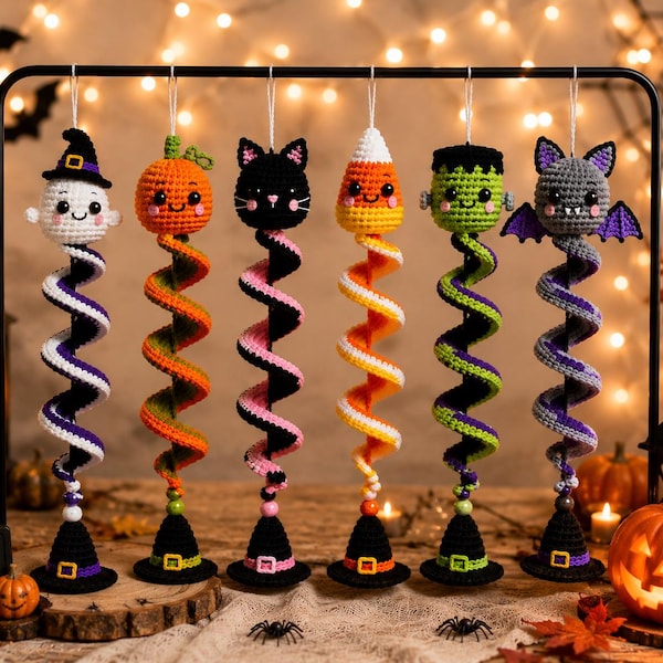 Halloween spiraalvormig ornament haakpatroon bundel PDF | Spook, heksenhoed, pompoen, zwarte kat, snoepmaïs, vleermuis & Frankenstein | Windmolen decoratie