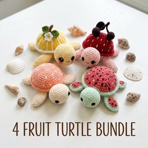 Fruit Turtle Crochet Pattern Bundle, 4-in-1 Amigurumi PDF, Lemon Strawberry Peach Watermelon Turtle, Beginner Keychain Plush Download