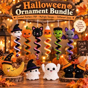 May include: A Halloween ornament bundle featuring crochet patterns for various figures including a ghost, pumpkin, black cat, candy corn, Frankenstein, and bat, all with spiral tails, plus a crescent moon, ghosts, and cats with hats.