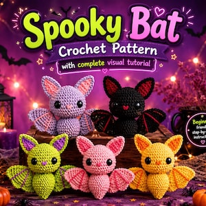 Puede incluir: Un patrón de ganchillo titulado Spooky Bat con tutorial visual completo, que presenta cinco murciélagos de peluche hechos a mano en lavanda, negro, verde lima, rosa y amarillo. Cada murciélago tiene grandes ojos negros, orejas puntiagudas y alas.