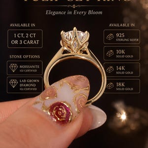 Solid Gold Solitaire Round Cut Moissanite Engagement Ring Tulip Setting Ring Vintage Tulip Prong Flower Engagement Ring 14K Gold Ring