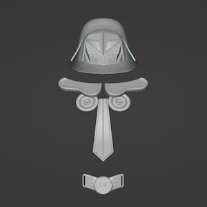Pode incluir: Um conjunto de componentes cinza-claros impressos em 3D, incluindo um capacete com máscara geométrica, duas peças curvas para os ombros, dois discos circulares, uma placa peitoral longa e pontiaguda e uma pequena fivela retangular de cinto.