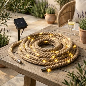 May include: A coiled natural fibre rope light featuring integrated warm white LED bulbs throughout the length. The rope has metallic silver end caps and is connected to a black solar panel stake. The rope is arranged in a circular spiral pattern.