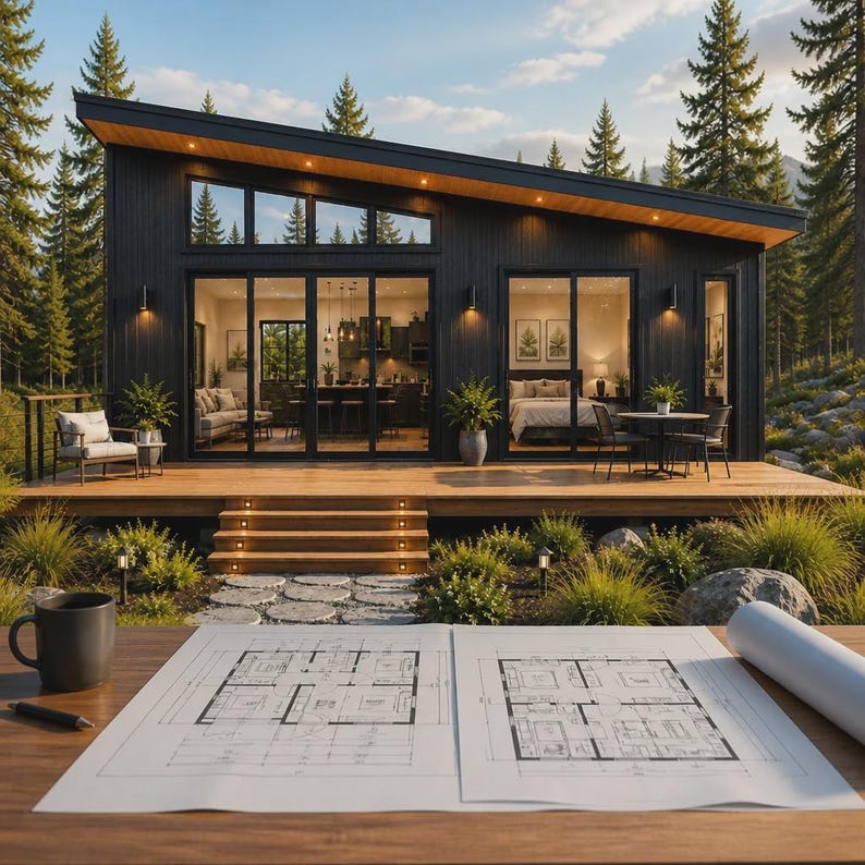 Home Design Plans Layout.pdf 24x36 Ft Scandinavian Chalet House Plans, Modern Cabin Design, Sloped ...