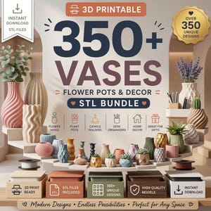 Pode incluir: Uma coleção digital de mais de 350 arquivos STL imprimíveis em 3D para vasos, floreiras e decoração. A imagem exibe vários recipientes texturizados, geométricos e canelados em tons neutros com etiquetas de texto sobre downloads.