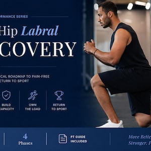May include: A dark blue informational graphic titled The Hip Labral RECOVERY System, featuring a 12-week clinical roadmap. It includes icons for calm the joint, build capacity, own the load, and return to sport, plus a PT guide included icon.