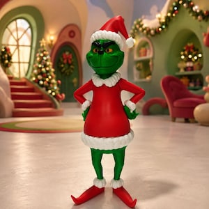 Puede incluir: Una figura de personaje verde que viste un traje de Papá Noel rojo con ribetes de piel blanca en el cuello, los puños y el dobladillo, junto con un gorro de Papá Noel rojo a juego con un borde y un pompón de piel blanca, con zapatos rojos.