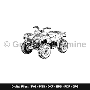 May include: A black and white line art illustration of an all-terrain vehicle, or ATV, featuring a front bumper, handlebars, a single seat, and four large, knobby tyres. The design includes front and rear cargo racks and a central headlight.