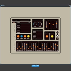 May include: A digital interface design kit labeled Retro UI Kit V001, featuring a dark control panel with orange sliders, circular knobs, and buttons. The layout includes sections for menus, effects, windows, and a mini mixing desk with text labels.