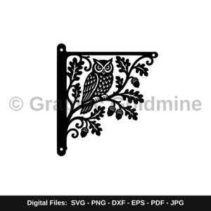 May include: A black metal shelf bracket featuring a laser-cut design of an owl perched on an oak branch with leaves and acorns. The bracket has a vertical mounting bar with two circular holes. The text GraphicGoldmine is visible in the background.