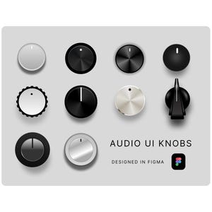Può includere: Una collezione di dieci manopole audio circolari con finiture nere, argentate e metallizzate, caratterizzate da varie texture e linee indicatrici. Il testo recita AUDIO UI KNOBS e DESIGNED IN FIGMA, accompagnato dal logo Figma.
