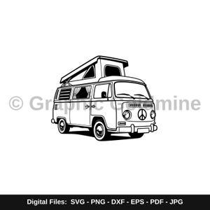 May include: A black and white line art illustration of a camper van with a pop-up roof, featuring a peace sign emblem on the front grille, round headlights, and curtains visible in the side windows. The text Graphic Golmine is visible.