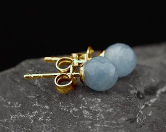 ELEGANT AQUAMARINE SPHERES | Ear studs in solid Gold (made to order)