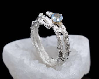 TWIG WITH AQUAMARINE  18K solid White Gold ring