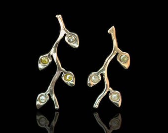 GOLD OLIVE LEAVES | Earrings with yellow & grey Diamonds