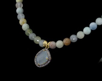 AQUAMARINE BERYL| Necklace with white Topaz, Silver and Gold