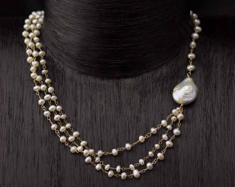 TRIPLE PEARL GOLD | Necklace with large freeform Pearl (Free Shipping)