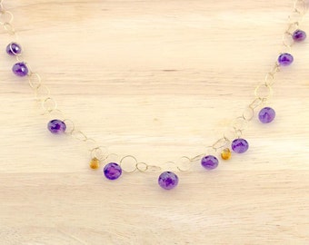 AMETHYST is purple and CITRINE is yellow | Solid Gold necklace with individually handmade links